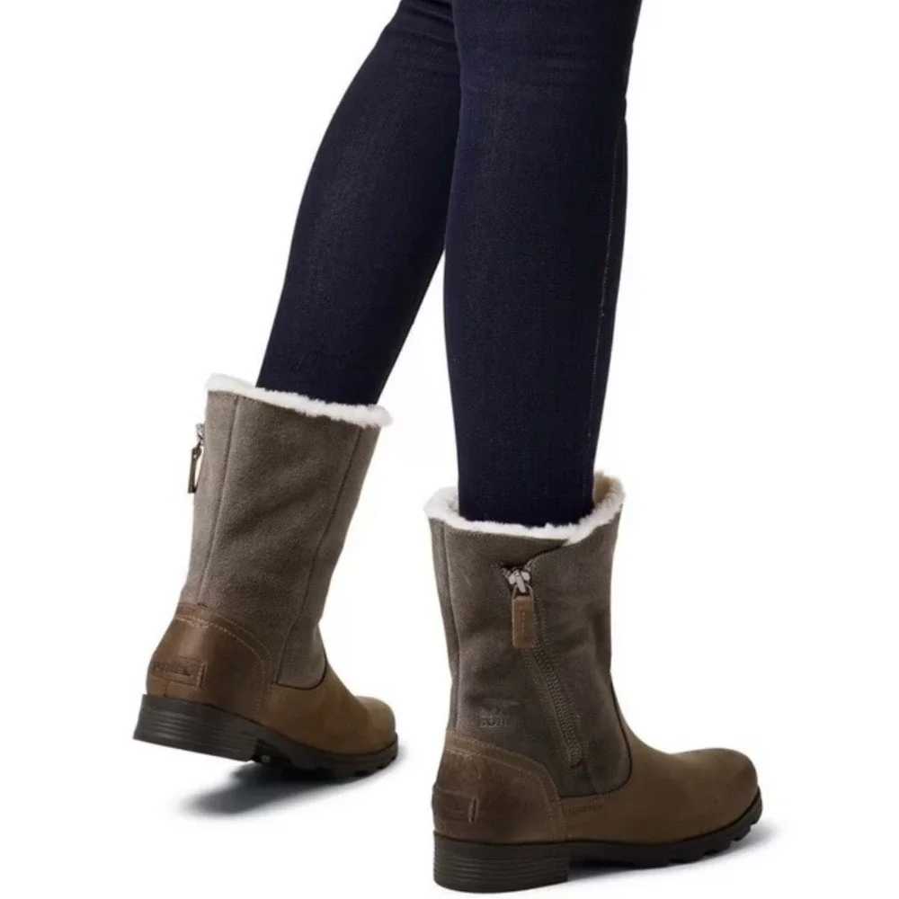 Sorel Phoenix Moto Waterproof Leather Suede Faux Fur Boots Quarry Brown Womens 6